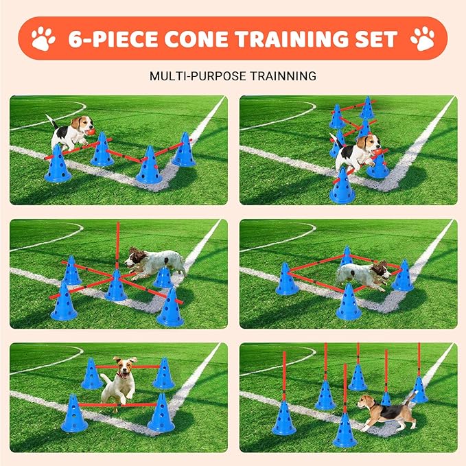 Garvee Dog Agile Hurdle Cone Set, Dog Training Agile Equipment with Height Adjustable Crossbar for Beginners & Advanced,Dog Obstacle Courses with 12 Cones & 6 Agile Rods & Carry Bag