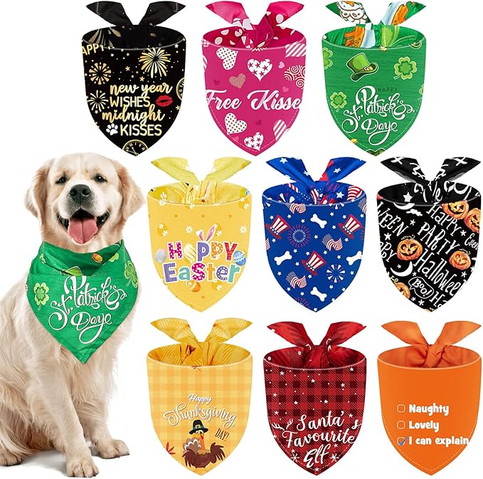 Weewooday 9 Pcs Holiday Dog Bandanas St' Patrick's Day Easter Bandanas Birthday Scarf Adjustable Large Pet Washable Scarves for Large Dog Supply(Cute Pattern)