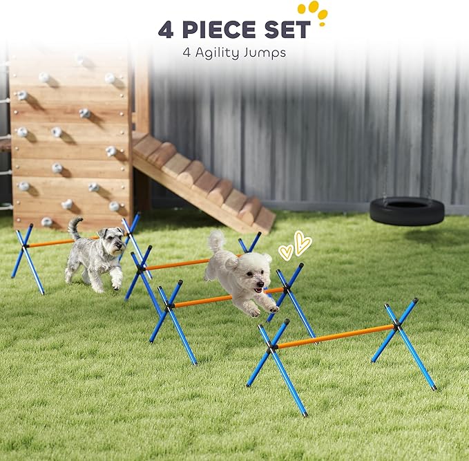 PawHut 4 Pieces Dog Agility Training Equipment, Dog Agility Course Backyard Set with Adjustable Height and Carry Bag, Indoor Outdoor Jumping Hurdles for Training, Orange