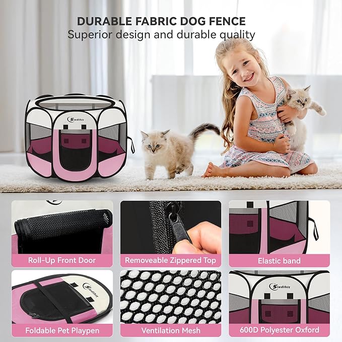 Pink Dog Cat Playpen, Puppy Pet Playpen Indoor for Small Dog Crate Tent Cage Outdoor, Portable Pop Up Dogs Enclosure Kennel with Carrying Case for Dogs/Cats/Rabbits