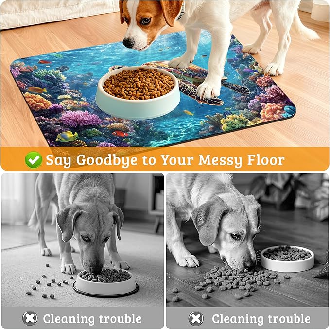 Sea Turtle Dog Cat Food Mat,Colorful Coral Absorbent Waterproof Placemat for Food and Water Non Slip Rubber Backing Durable Feeding Pad for Clean Floors 12" x 20"