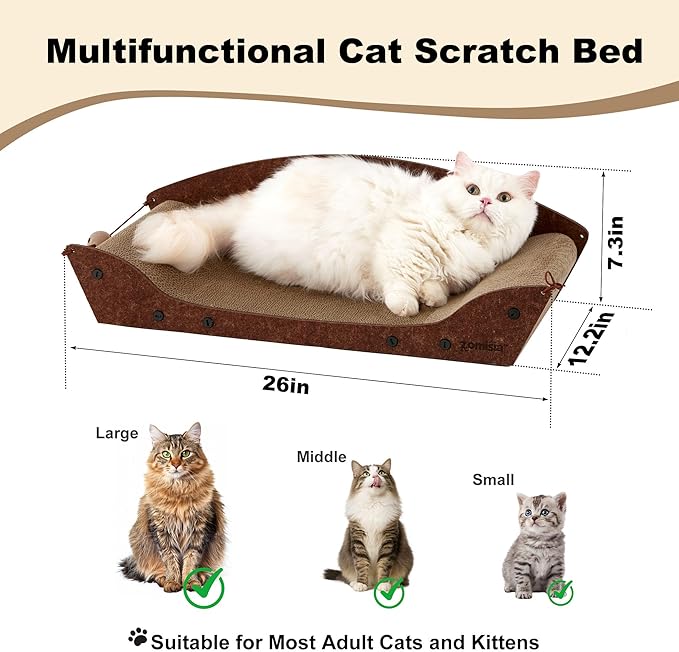 2 Pack 26'' Cardboard Cat Scratcher Bed - Large Scratcher Couch for Indoor Cats, Orthopedic Scratching Board, Lounger Scratching Couch with Bells