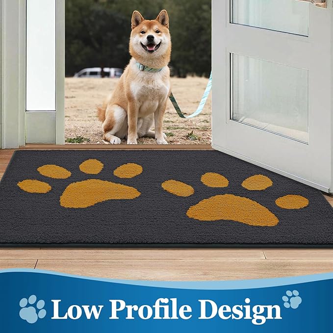 Buganda Dog Door Mat for Muddy Paws, Absorbent Dirt Trapper Washable Indoor Doormats, Non Slip Low-Profile Mud Mat for Dogs, Front Entrance Doormat for Inside Floor (30x20Inches,Dark Grey and Yellow)