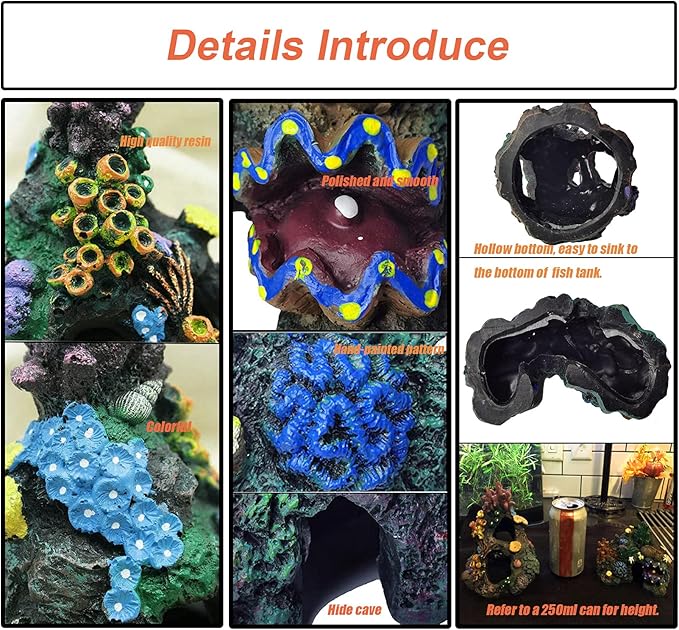 Tfwadmx Aquarium Coral Decoration Resin Fish Tank Hiding Mountain Cave Betta Hideaway House Rock Reef Ornament, 2 Pack.