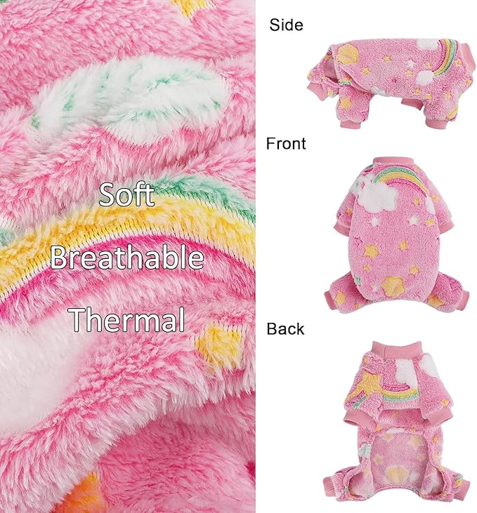 Dog Sweaters Small Girl Warm Fleece Pajamas, Cute Extra Small Dog Clothes, 4 Legs Puppy Jumpsuit Pjs Soft Stretchy Doggie Onesies Pet Outfit Apparel for Chihuahua Yorkie, Rainbow Pink, XXS