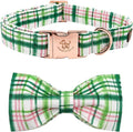 Elegant Little Tail Dog Collar with Bow - Pink with Green Plaid Cute Bowtie Adjustable Collar for Small Puppy