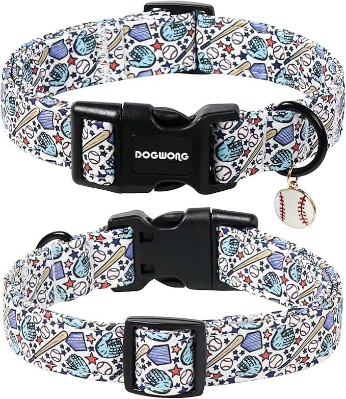 DOGWONG Baseball Dog Collar-Cute Boy Baseball Dog Collar, Adjustable Soft Male Dogs Collars for Large Dogs, L