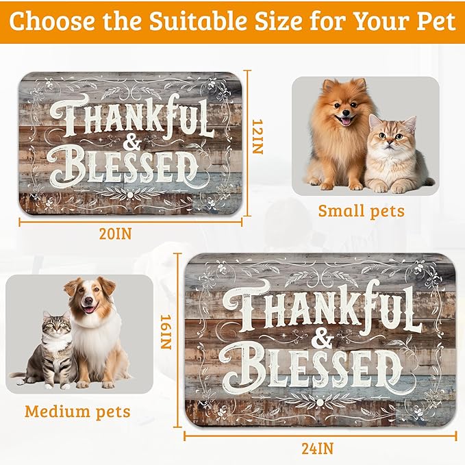 Thankful Feeding Mat,Blessed Absorbent Quick-Dry Cat Dog Food and Water Bowl Mats,Non-Slip Rubber Backing Mat,Cat Dog Accessories Supplies 12" x 20"