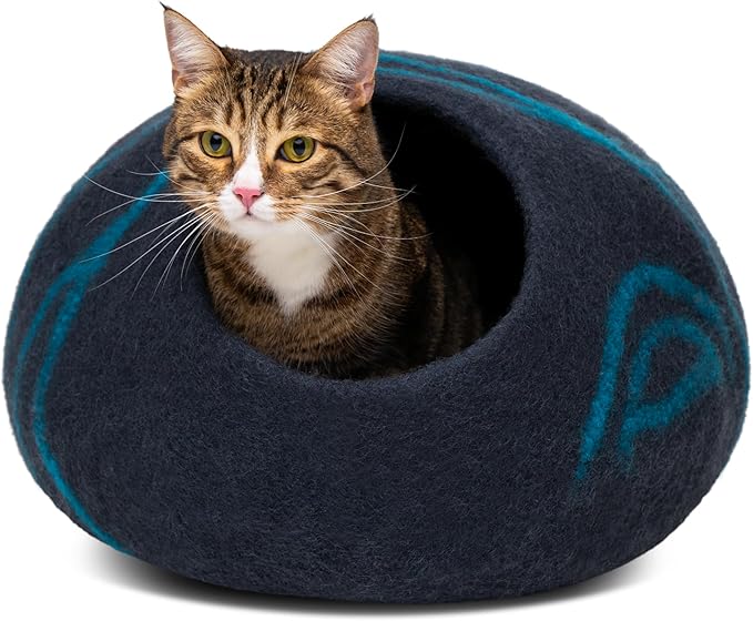 MEOWFIA Cat Cave – Premium Felt Cat Bed for Indoor Cats, Handmade Merino Wool (Black Aqua, Large)