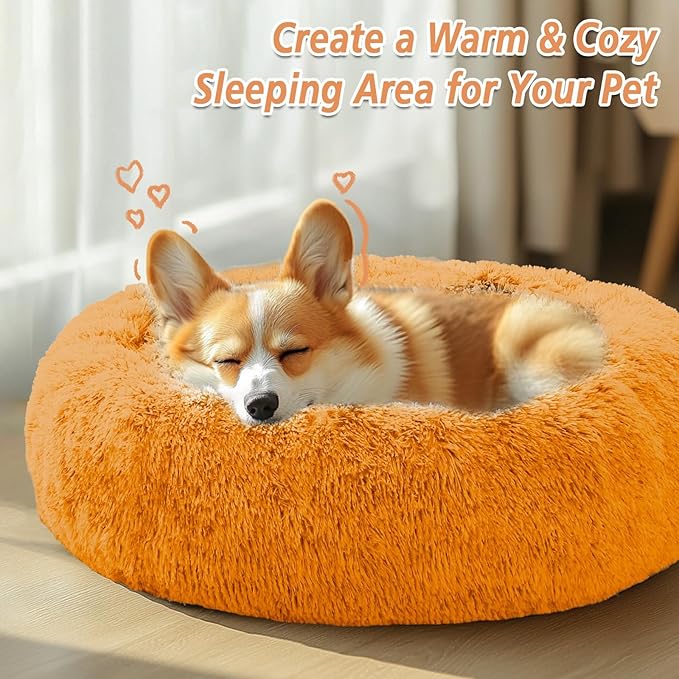 JOLLYVOGUE Calming Dog Bed Medium Size Dog, Anti-Anxiety Donut Medium Pet Bed, 31 inches Fluffy Faux Fur Round Cat Bed, Fits up to 45 lbs Pets (Orange)