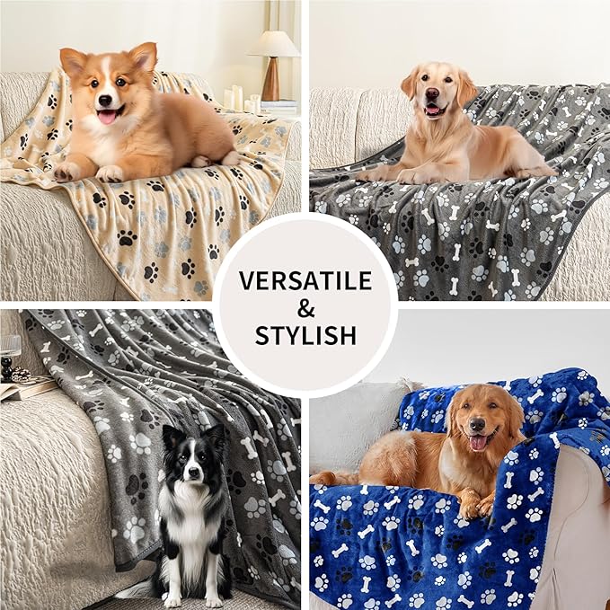 Dog Blanket Paw Bone Pattern 1 Pack 3 Colorful 40"*30" Super Soft Warm Flannel Sofa Cover Car Bed Protector, Urine Proof Washable Outdoor Pet Blanket for Puppy Large Dogs & Cats