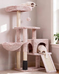 Heybly Cat Tree with Cat Self Groomer Brush, Cat Tower Condo for Indoor Cats with Padded Plush Perch, Cat House with Basket Scratching Board Post, Muchroom HCT005SMU
