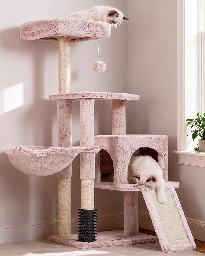 Heybly Cat Tree with Cat Self Groomer Brush, Cat Tower Condo for Indoor Cats with Padded Plush Perch, Cat House with Basket Scratching Board Post, Muchroom HCT005SMU