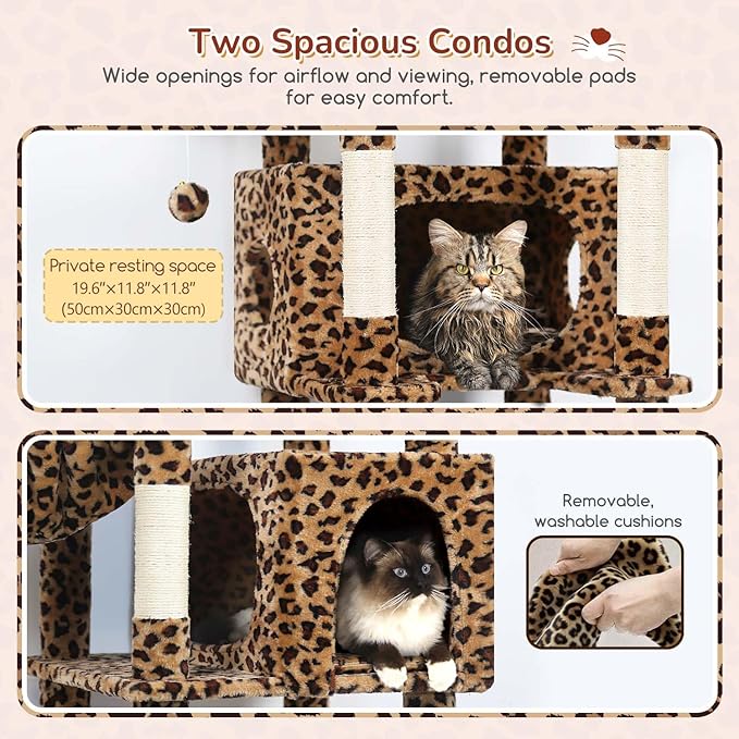 Globlazer Heavy Duty Cat Tree, 74inch Sturdy Cat Tower for Large Cats Adult, Big Cat Tree with 7 Sisal Scratching Posts, 2 Padded Cat Condos, 2 Hanging Baskets, Enlarged Top Perch, S74, Leopard Print