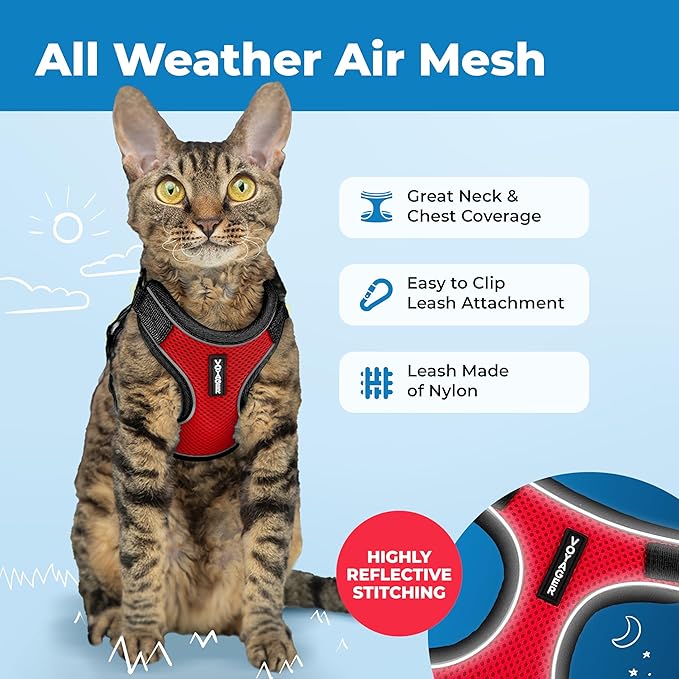 Voyager Escape-Proof Step-in Lock Cat Harness & 5ft Neoprene-Handle Leash Set All-Weather Mesh with Reflective Stitching for Small to Large Cats by Best Pet Supplies, Black Trim-Red (327), S