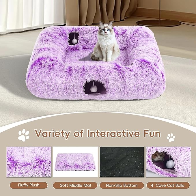 Extra Large Cat Tunnel Bed, 4 Ways Tunnels for Indoor Cats, Multi-cat Family Pet Bed & Cave, Plush Cat Donut with Washable Middle Mat, Exit Balls, Pet Play Toy for Kitten Puppy Rabbit, Purple