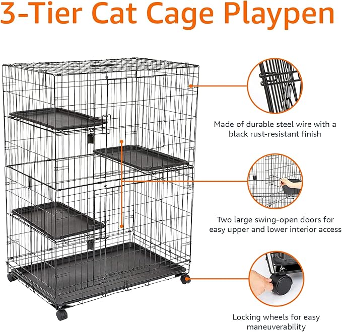 Amazon Basics Large 3-Tier Cat Cage Playpen with Easy to Clean Removable Tray, Front Doors, Portable, Foldable, 35.8" x 22.4" x 50.6", Black