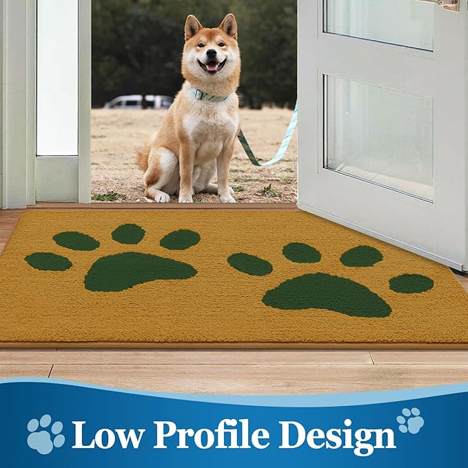Buganda Dog Door Mat for Muddy Paws, Absorbent Dirt Trapper Washable Indoor Doormats, Non Slip Low-Profile Mud Mat for Dogs, Front Entrance Doormat for Inside Floor (36x24 Inches, Yellow and Green)