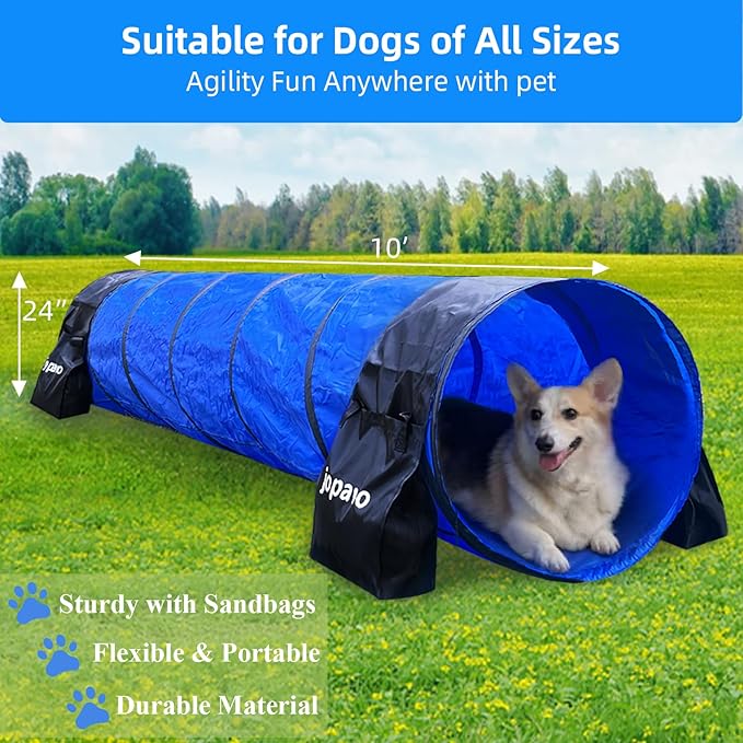 Dog Agility Training Equipment Tunnel:JOPAVO 10 Foot Agility Tunnel with 2 Pack Sandbags, Carry Bag and 4 Ground Spikes.Ideal Agility Equipment for Dog Obstacle Course,Exercise&Park