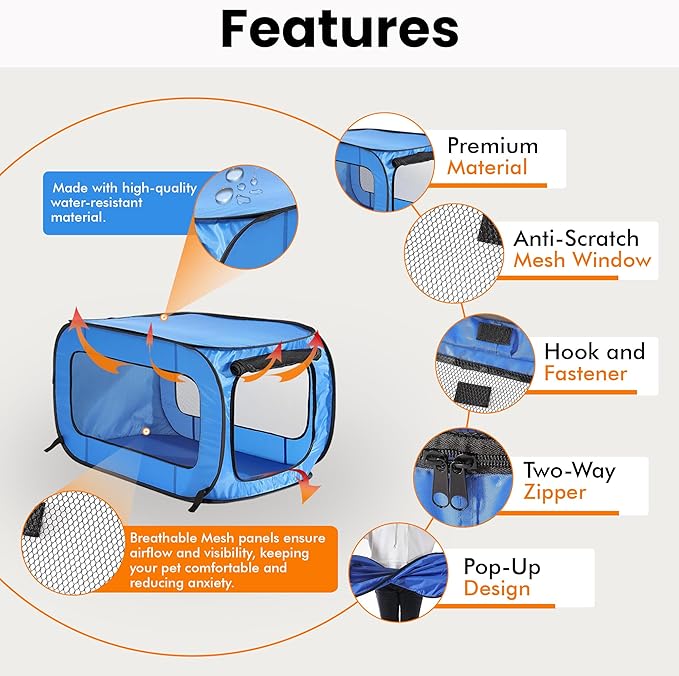 Beatrice Home Fashions Portable, Collapsible, Pop Up Kennel Travel Cat and Dog Crate, 32.5" L x 19.5" W x 19.5" H, Blue