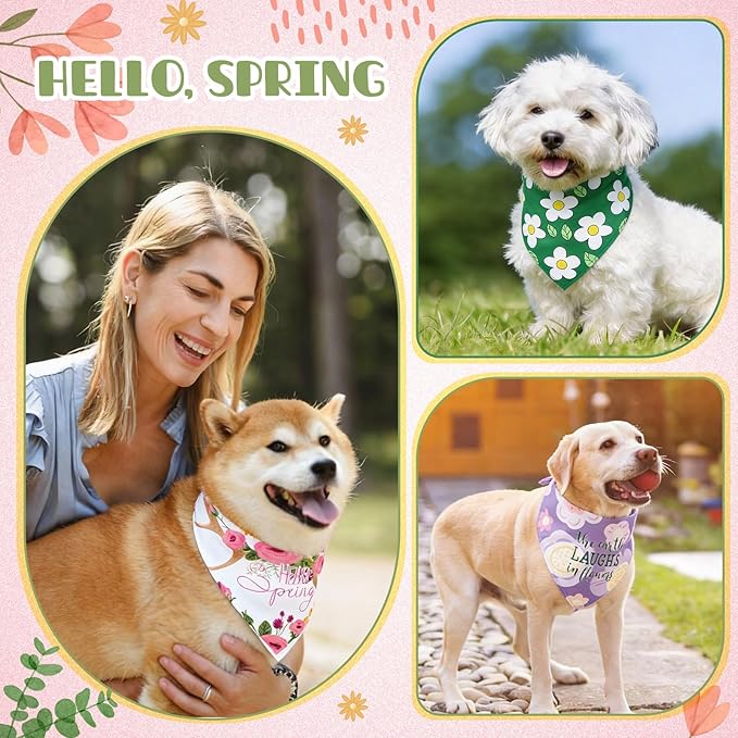 Kacctyen 50 Pcs Spring Dog Bandanas Bulk Bandanas for Dogs Grooming with Spring Flowers Bees Adjustable Pet Triangle Scarf Bib Washable for Small Medium Large Puppy Cats Pets Costume Accessories