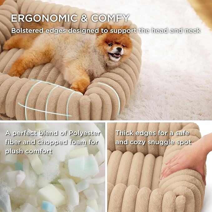 Bedsure ComfyFleece™ Washable Dog Bed for Medium Dogs - Cute Furry Puppy Beds, Rectangle Orthopedic Corduroy Fleece Pet Beds with Removable Zipper Cover, 30x24x8inches, Sandy Beige