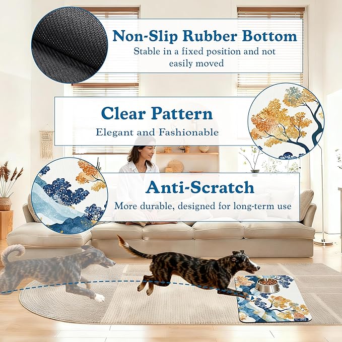 Japanese Wave Tree Dog Food Mat–Christmas Stocking Absorbent Quick Dry Feeding Placemat for Food and Water Bowls, Non Slip Rubber Backing, Waterproof Pet Supplies for Mess-Free Eating 16"x24"