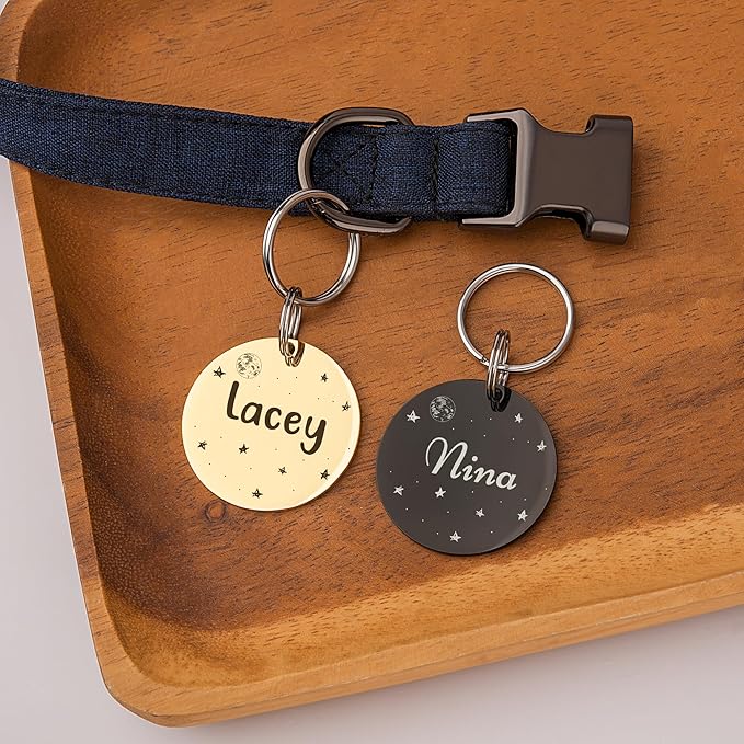 Anavia Small Size Dog Cat ID Tags, Small/XS Personalized Color Plated Stainless Steel Puppy Kitten Name Tags, Customized Engraved Nameplate Pet Collar Tag (Blue, Round)