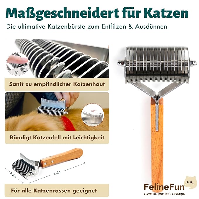 FelineFun Cat Brush for Dematting & Deshedding, 2 in 1 Undercoat Rake, Efficiently Remove Loose Hair & Matted Fur, Professional Shedding Comb for Indoor Cats & Long Haired Cats
