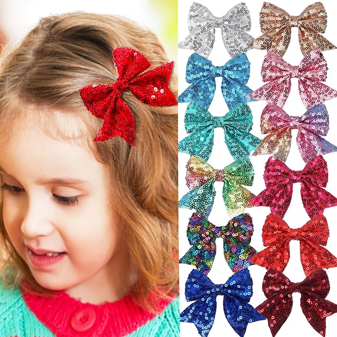 3-inch Sequined Bow Hair Clips For Baby Girls, Toddler, Kids and Young Women Birthday Party Wedding Christmas Occasions Pet Accessories Set of 2 (Black)