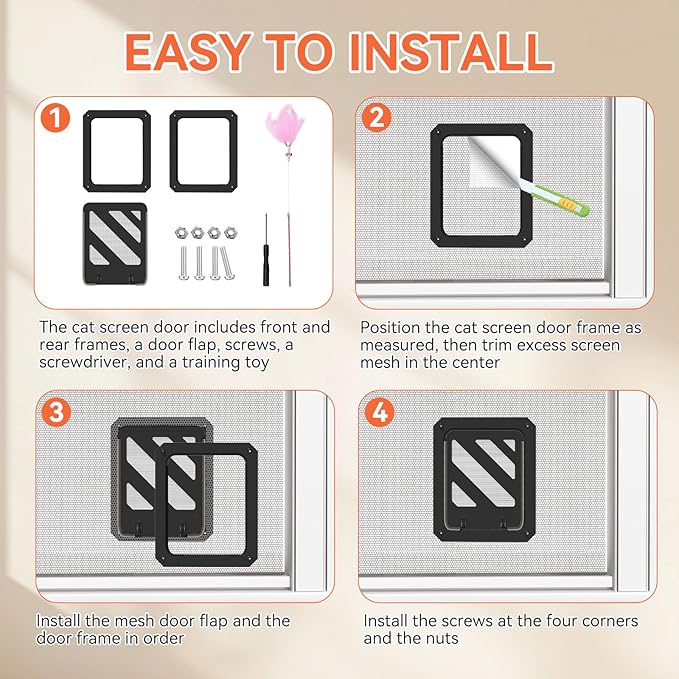 LIBBEPET Cat Door for Screen Door, Lockable Cat Screen Door for Cats & Small Dogs Up to 20 lbs, Magnetic Flap Opening 7 x 9 inches, Equipped with Interactive Cat Toy & Installation Tools, Black