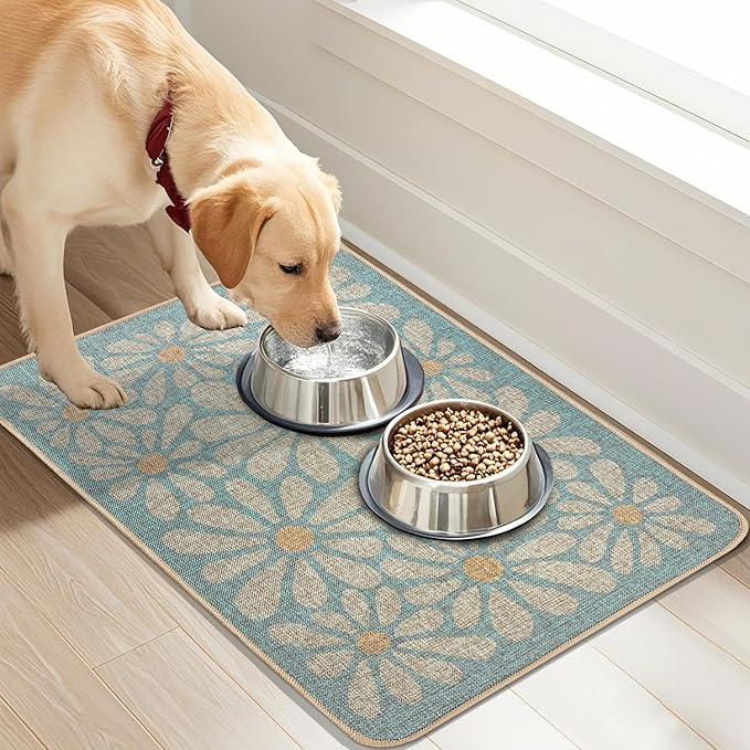 SHIYUE Dog Food Mats for Floors, Absorbent Cat Bowl for Food and Water, Non-Slip Accessories Pet Supplies(12"x20",Sky Blue Flower)