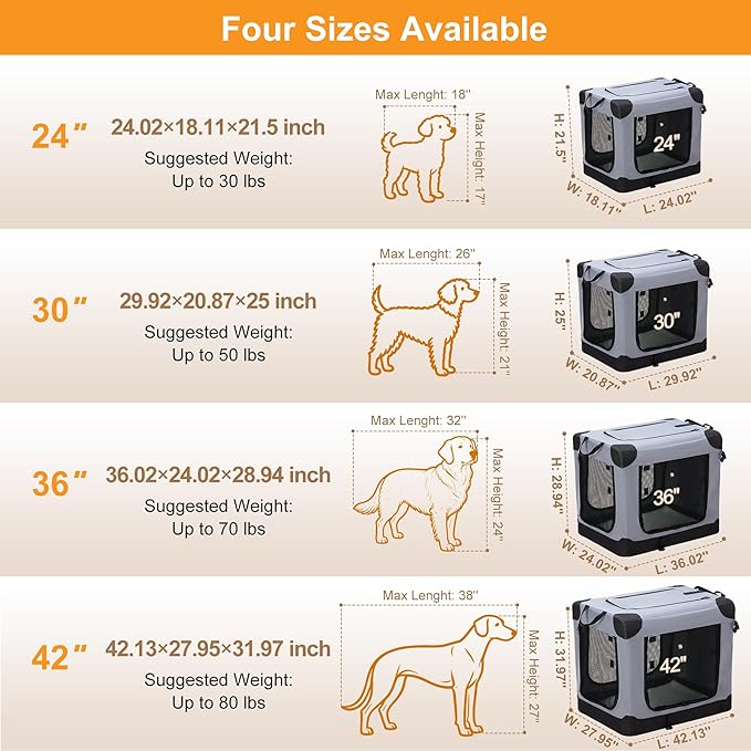 Dog Travel Crate 24 Inch, Portable Soft-Sided Travel Carriers for Dogs and Cats, Foldable Pet Kennel with 3-Doors Mesh Windows Indoor & Outdoor, Grey