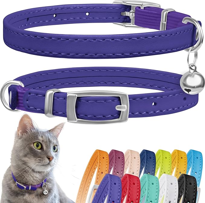 CollarDirect Leather Cat Collar with Bell - Kitten Collar, Small and Big Cat Collar for Boy Cats, Girl Cats with Safety Elastic Strap (Neck Fit 8"-11", Purple)