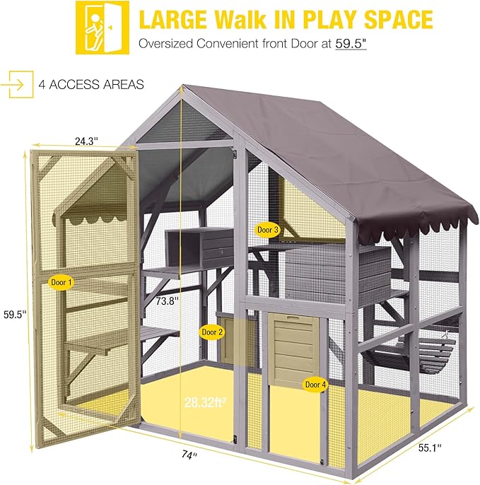 Aivituvin Cat House Outdoor Catio Kitty Enclosure with Super Large Enter Door,Wooden Cat Cage Condo Indoor Playpen with Platforms,Small House 74 Inch