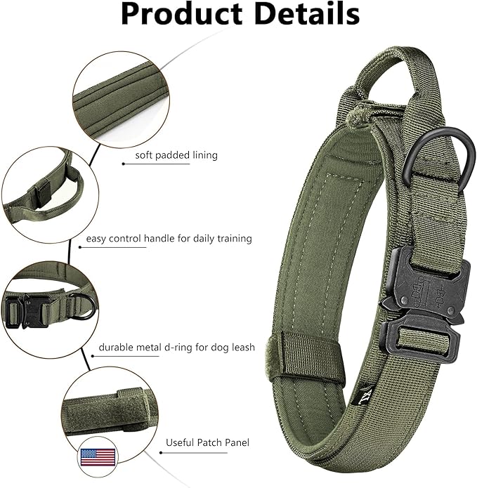 DAGANXI Tactical Dog Collar, Adjustable Military Training Nylon Dog Collar with Control Handle and Heavy Metal Buckle for Medium and Large Dogs, with Patches and Airtags Case (XL, Green)