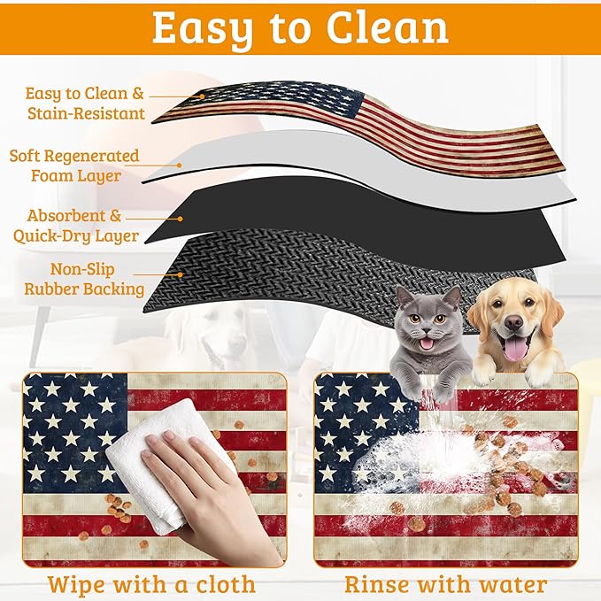 Retro Flag Dog Cat Food Mat,Absorbent Waterproof Placemat for Food and Water Non Slip Rubber Backing Durable Feeding Pad for Clean Floors 12" x 20"