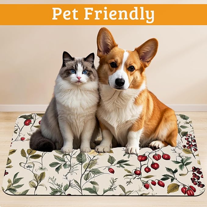 Butterfly Flower Dog Food Mat,Vintage Berry Absorbent Pet Feeding Mat for Food and Water Bowl,Quick Dry Dog Placemat Non Slip Rubber Backing Waterproof Pet Supplies 12" x 20"