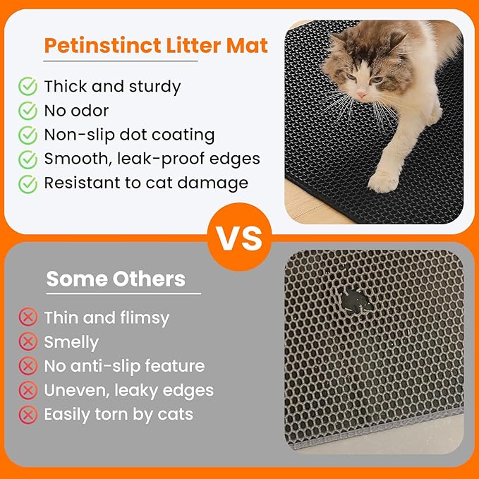 Extra Large Cat Litter Mat, 30x22 Inches Honeycomb Double Layer Cat Litter Trapping Mat, Non Slip Waterproof Urine Proof Large Kitty Litter Box Mat for Floor, Kitten Supplies, XL, Black