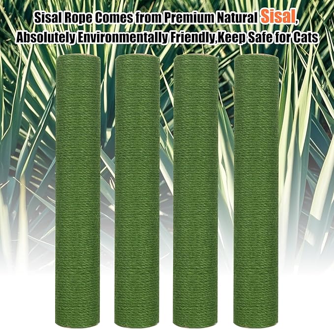 PowerKing Natural Sisal Replacement Scratching Post, 4 Pieces M8 Cat Scratch Post Refill Pole Parts for Refurbishment, White, Include Screws (Green-15.7''+15.7''+7.87''+7.87'')