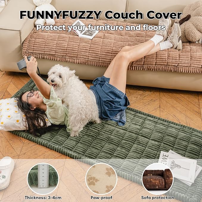 FUNNY FUZZY Pet Couch Covers for Sofa, Washable Dog Couch Cover Protector for Dogs, Flannel Couch Covers for Dogs Pet Friendly Pets Mat Bed (Dark Green, 19.7"x19.7")