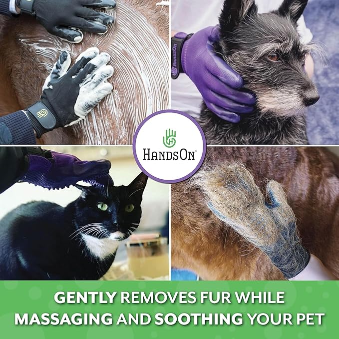 H HANDSON Pet Grooming Gloves - Patented #1 Ranked, Award Winning Shedding, Bathing, & Hair Remover Gloves - Gentle Brush for Cats, Dogs, and Horses (Purple, Medium)