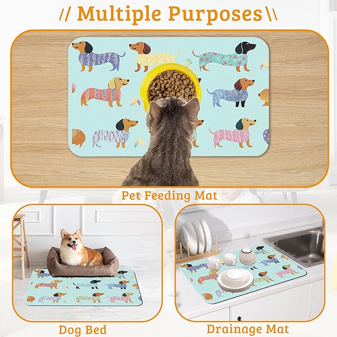 Dachshund Dog Cat Food Mat,Absorbent Waterproof Placemat for Food and Water Non Slip Rubber Backing Durable Feeding Pad for Clean Floors 16" x 24"