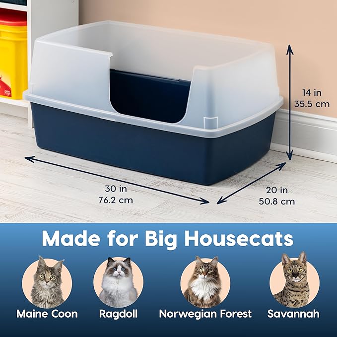 IRIS USA XX-Large Side Entry Cat Litter Box, Open Top Extra Large Litter Box for Big Cats and Multi-Cat Households, High Sided Scatter Shield, Easy to Clean, 30" L x 20" W x 14" H, Navy