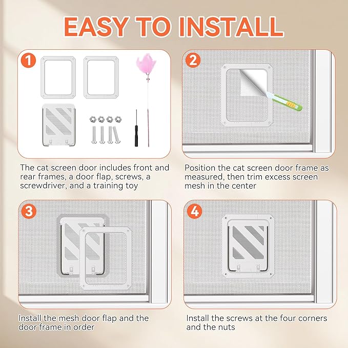 LIBBEPET Cat Door for Screen Door, Lockable Cat Screen Door for Cats & Small Dogs Up to 20 lbs, Magnetic Flap Opening 7 x 9 inches, Equipped with Interactive Cat Toy & Installation Tools, White