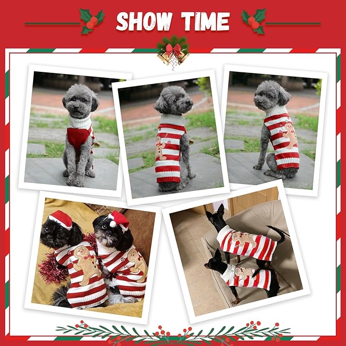 Dog Christmas Sweater Xmas Pet Clothes Cute Striped Gingerbread Man Costume Holiday Puppy Cat Jumpers Outfits New Year Gifts for Small Medium Large Dogs(Red Gingerbread Man,L)
