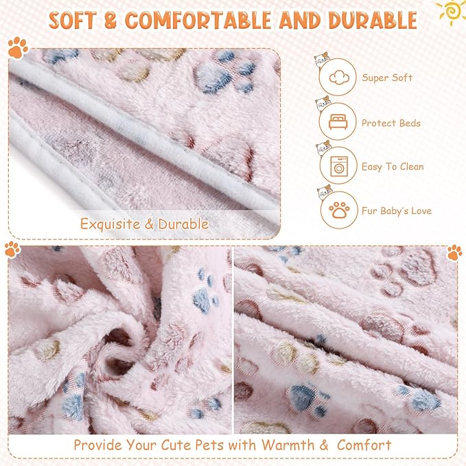 Tatuo 4 Pcs Dog Blanket for Pet Cat Blankets Indoor Puppy Teething Stuff Toys Paw Print Fleece Soft Blanket Sleep Mat for Guinea Pig Cage(Beige,Medium(30 x 20.5 Inch),Square)