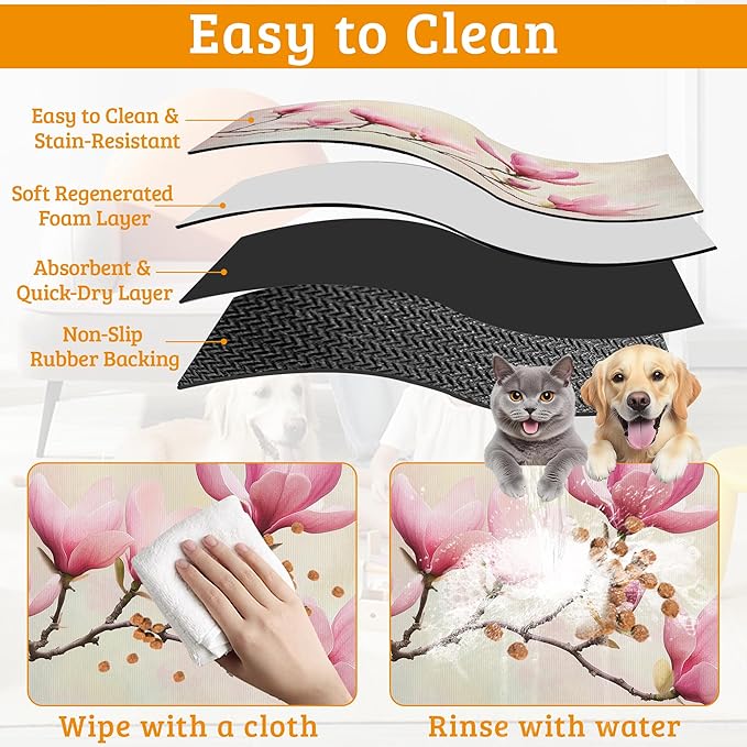 Pink Magnolia Feeding Mat,Vintage Flowers Absorbent Quick-Dry Cat Dog Food and Water Bowl Mats,Non-Slip Rubber Backing Mat,Cat Dog Accessories Supplies 16" x 24"