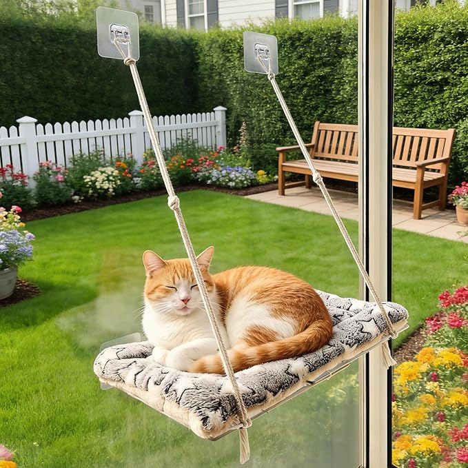 Cat Window Perch with Adhesive Hooks Foldable Cat Window Hammock for Cats up to 30 lbs, Sturdy Metal Frame, Easy to Adjust Assemble, Soft Removable Cushion Included, Cats Bed for Indoor Watching Bird