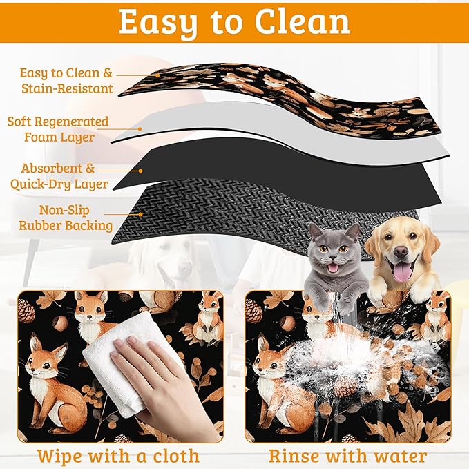 Cute Squirrel Dog Cat Food Mat,Bird Fox Absorbent Waterproof Placemat for Food and Water Non Slip Rubber Backing Durable Feeding Pad for Clean Floors 12" x 20"